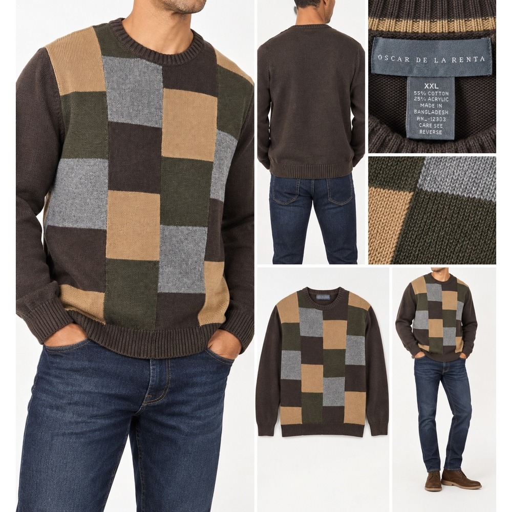 Oscar de la Renta Mens Patchwork Sweater Cotton Blend Casual XXL